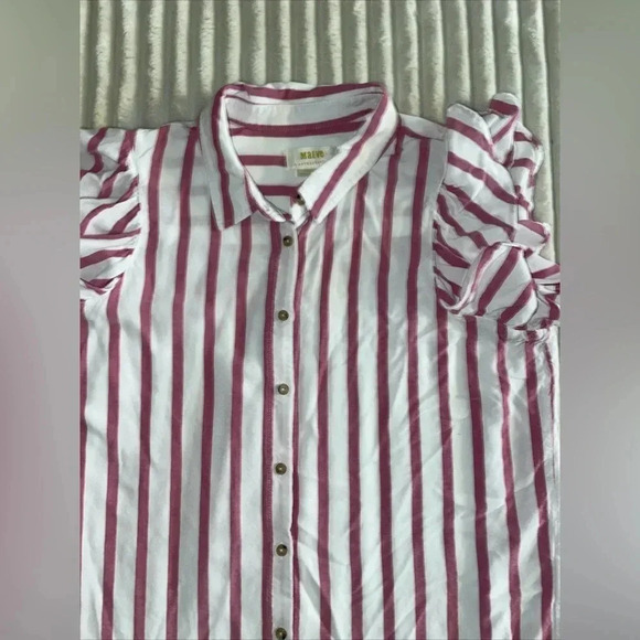 Maeve Anthropologie Short Sleeve Shirt Ruffle Sleeve Pink and White Medium - Picture 5 of 7